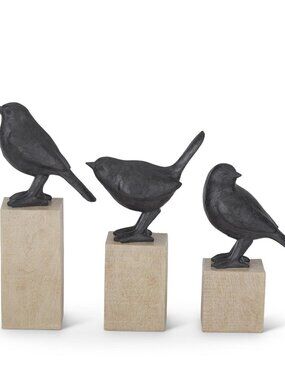 Resin Faux Cast Iron Birds on Wood Block Pedestals Set Of 3 NEW
